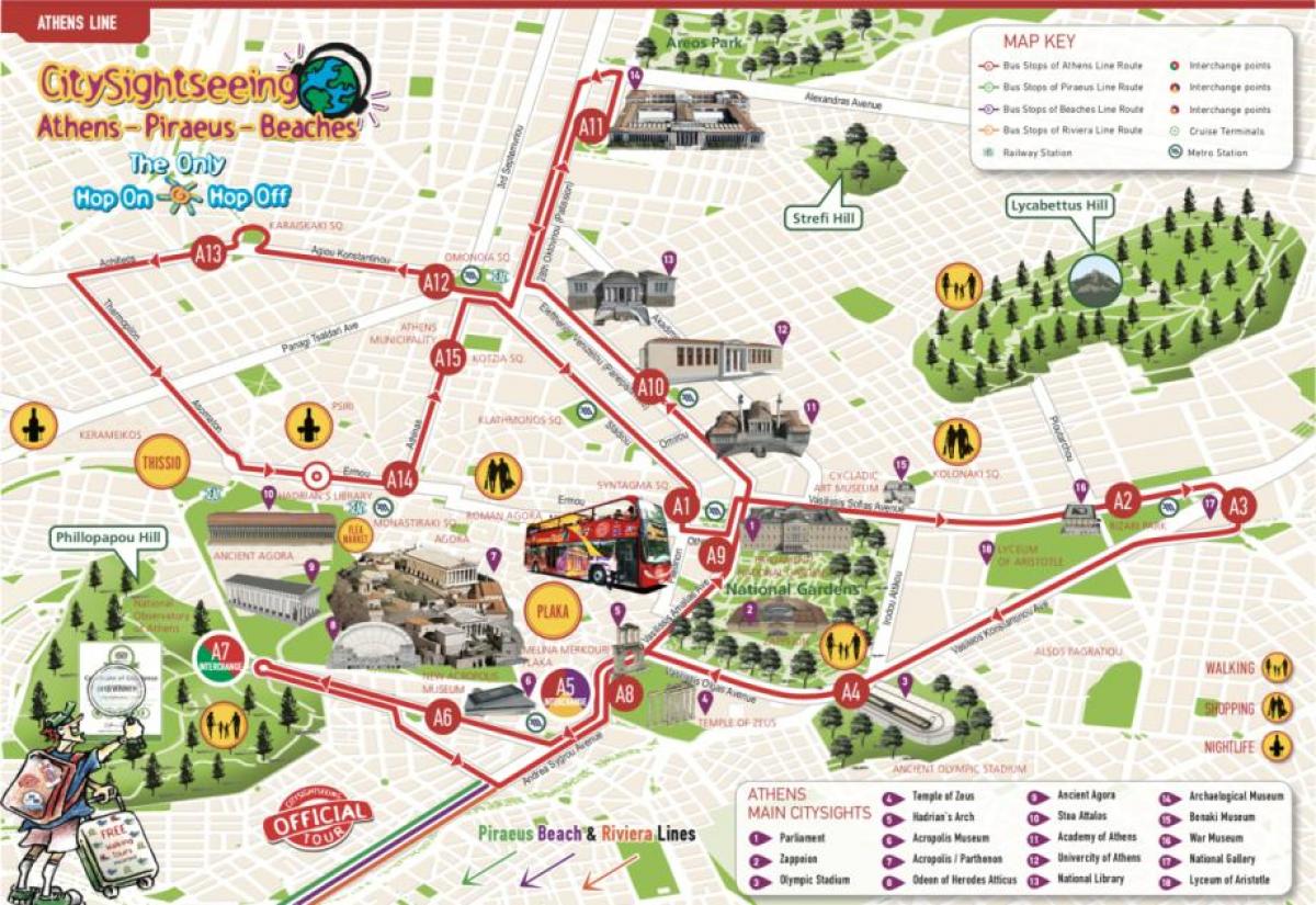 Atene hop on hop off bus route map